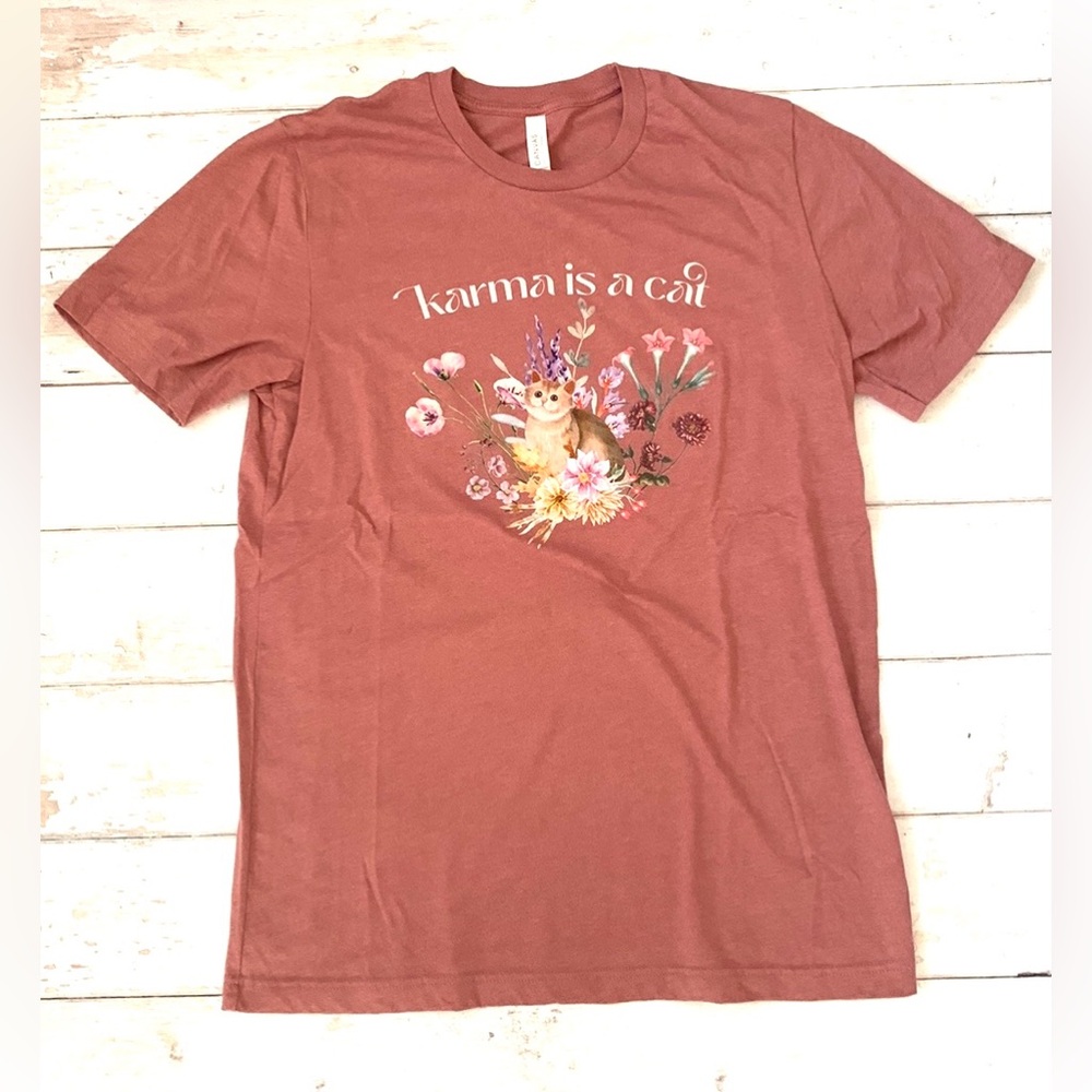 Taylor Swift L/G Women’s Karma Is A Cat Shirt Mauve Pink Short Sleeves Large